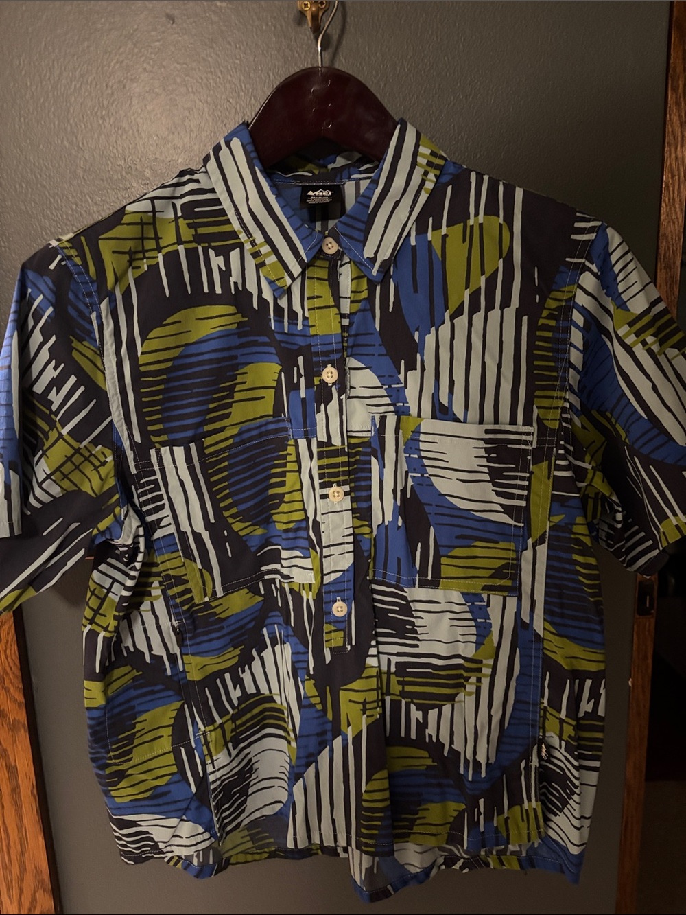 REI Blue, Olive & Black Abstract Short-Sleeve Button-Up Shirt
